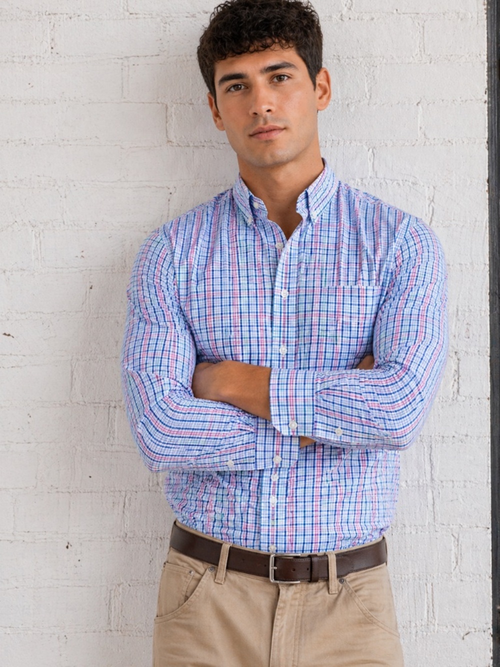 Izod Large Button Down Shirt‎ Stretch Plaid Blue Pink Check